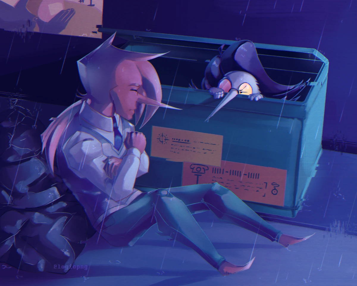 Digital illustration of Pink Addison sitting on the ground in the alley with garbage behind him. Spamton begrudgingly peeks out of a garbage bin.